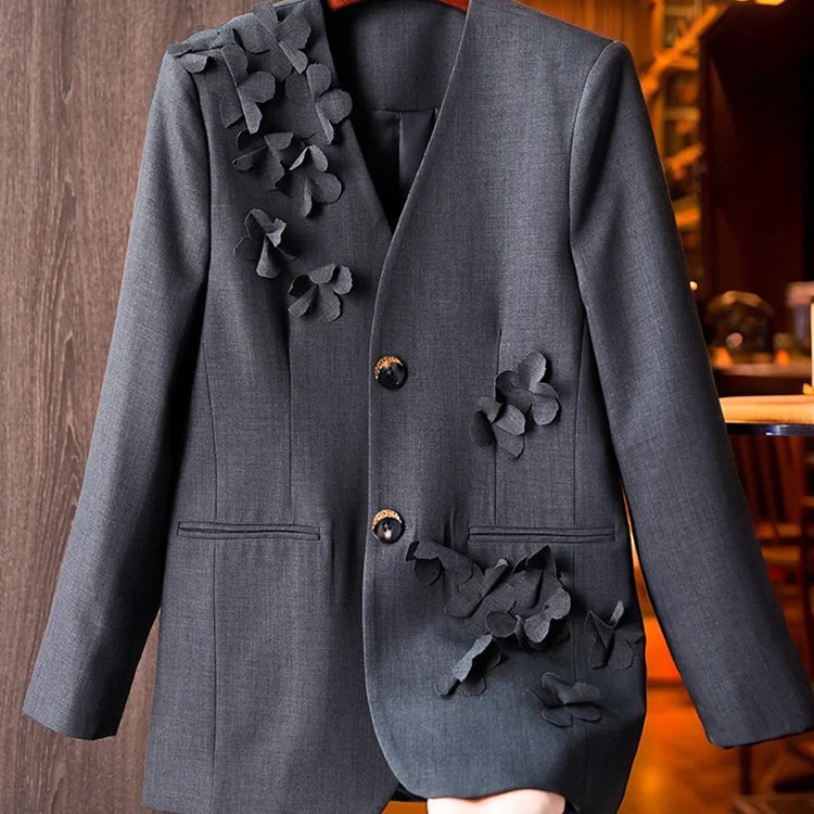 Damen Modischer Blazer mit 3D-Blüten-Details Drune