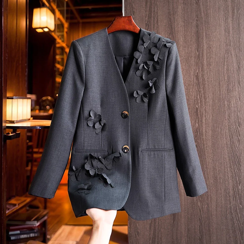 Damen Modischer Blazer mit 3D-Blüten-Details Drune