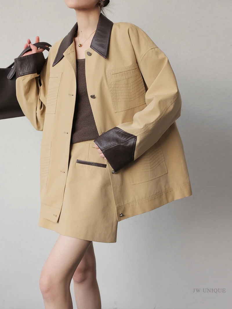 Damen Modische Übergangsjacke mit Lederakzenten Drune