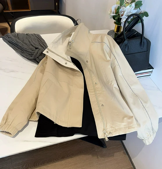 Damen Modische Übergangsjacke mit hohem Kragen und Druckknopfverschlüssen Drune