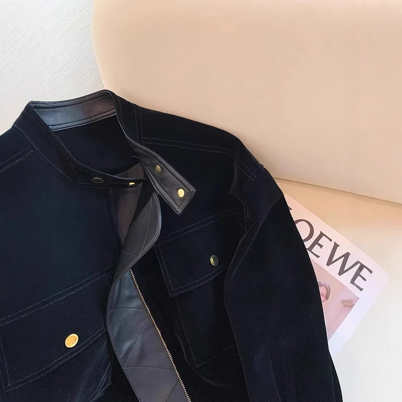 Damen Modische samtige Übergangsjacke mit Lederakzenten Drune