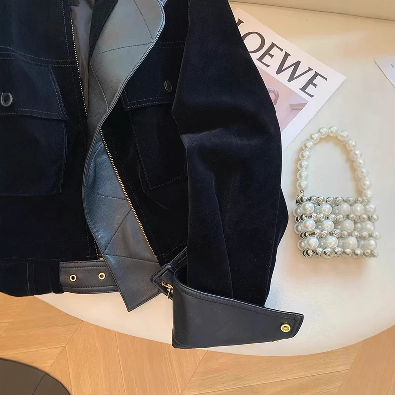 Damen Modische samtige Übergangsjacke mit Lederakzenten Drune