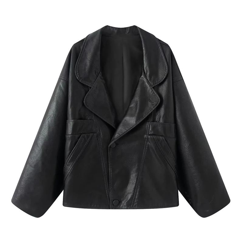 Damen elegante Kunstlederjacke mit oversized Schnitt Drune