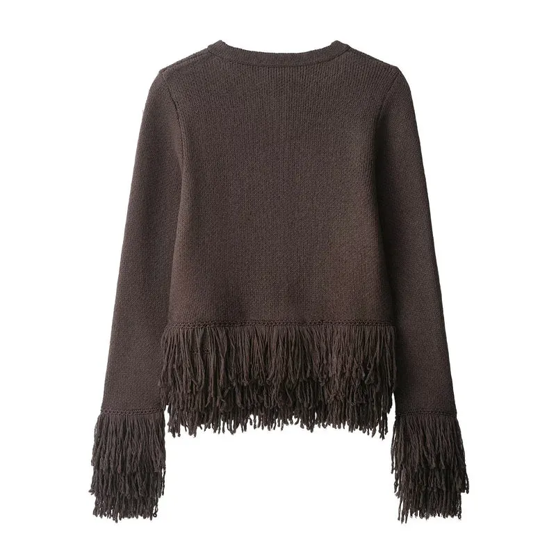 Damen Fransen Strickjacke mit eleganter Knopfverschlusstechnik Drune