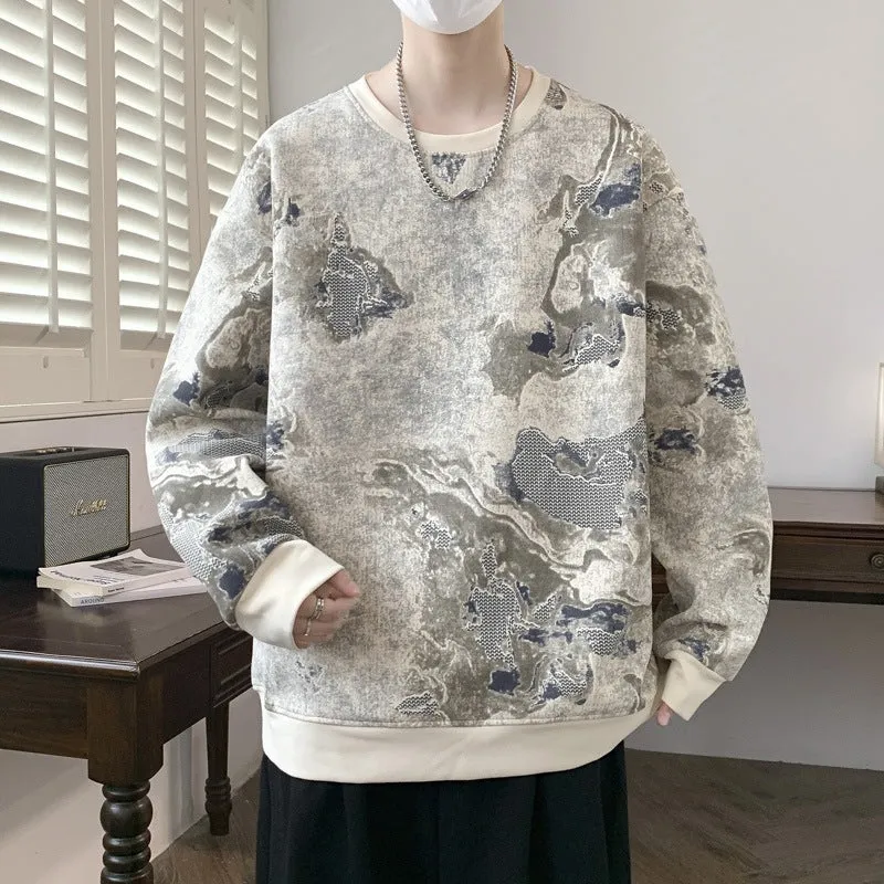 Herren Oversize-Sweatshirt mit abstraktem Marmor-Print und schwerer Baumwollmischung Drune
