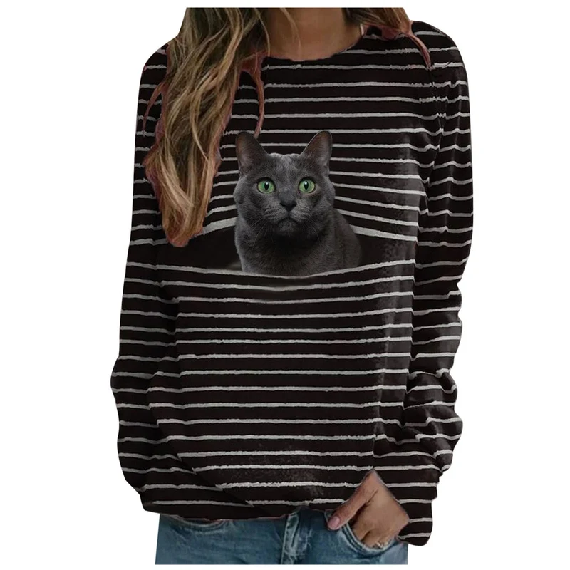Damen nan lässiger Streifenpullover mit fotorealistischer Katzentasche und Rundhalsausschnitt Drune