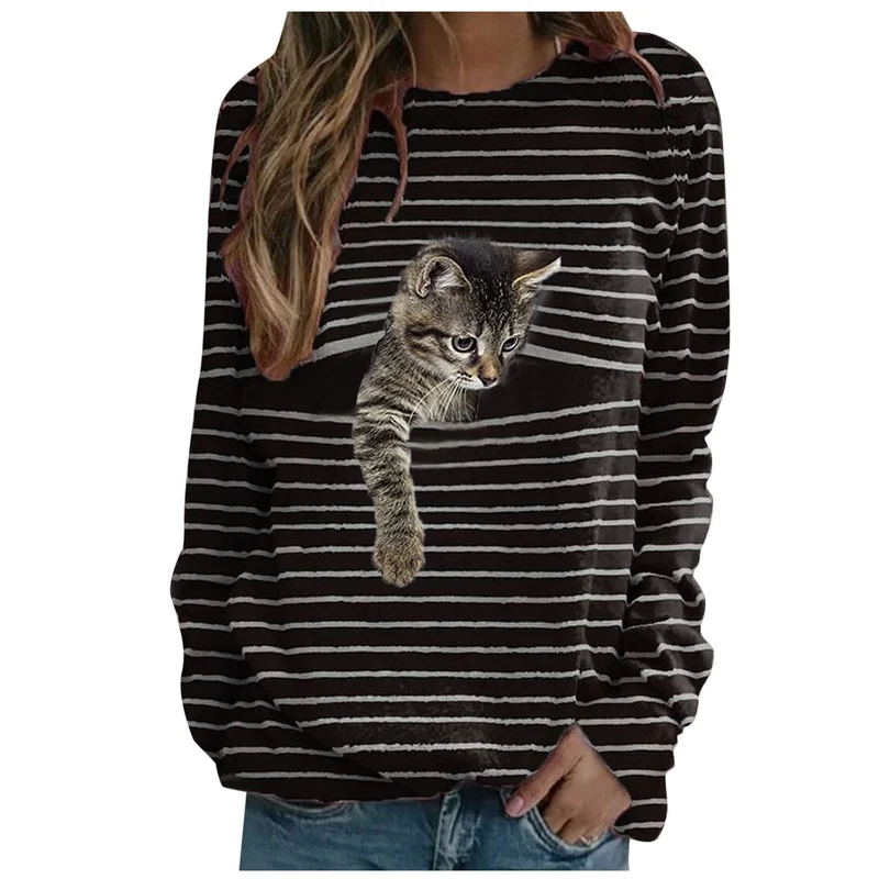 Damen nan lässiger Streifenpullover mit fotorealistischer Katzentasche und Rundhalsausschnitt Drune