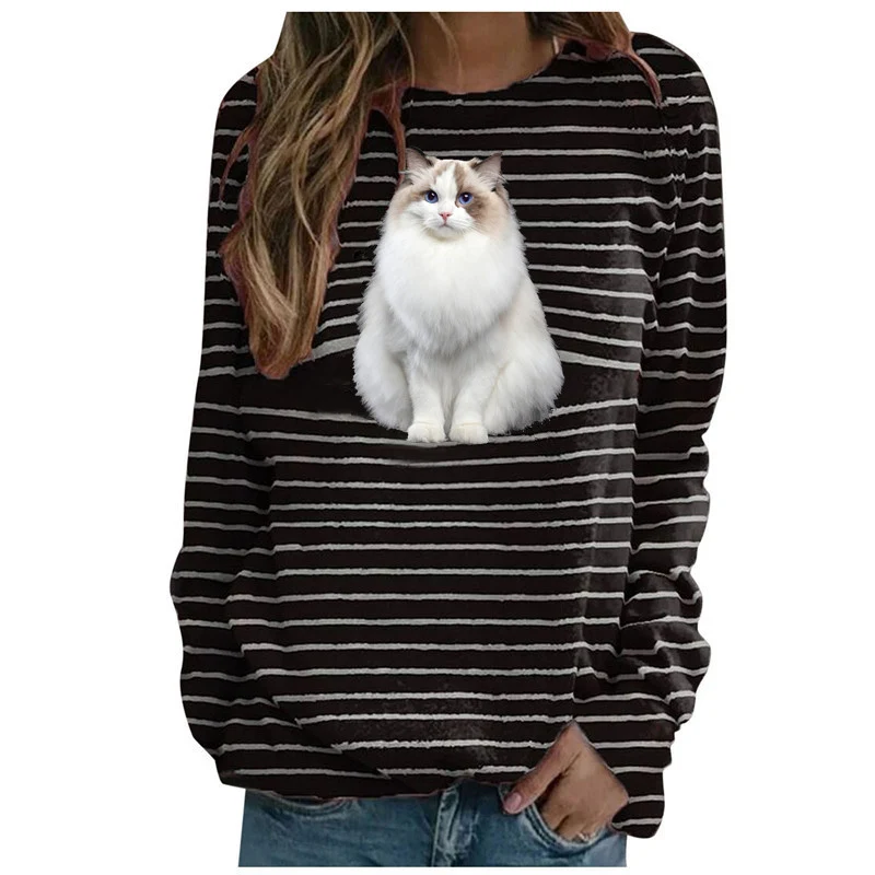 Damen nan lässiger Streifenpullover mit fotorealistischer Katzentasche und Rundhalsausschnitt Drune