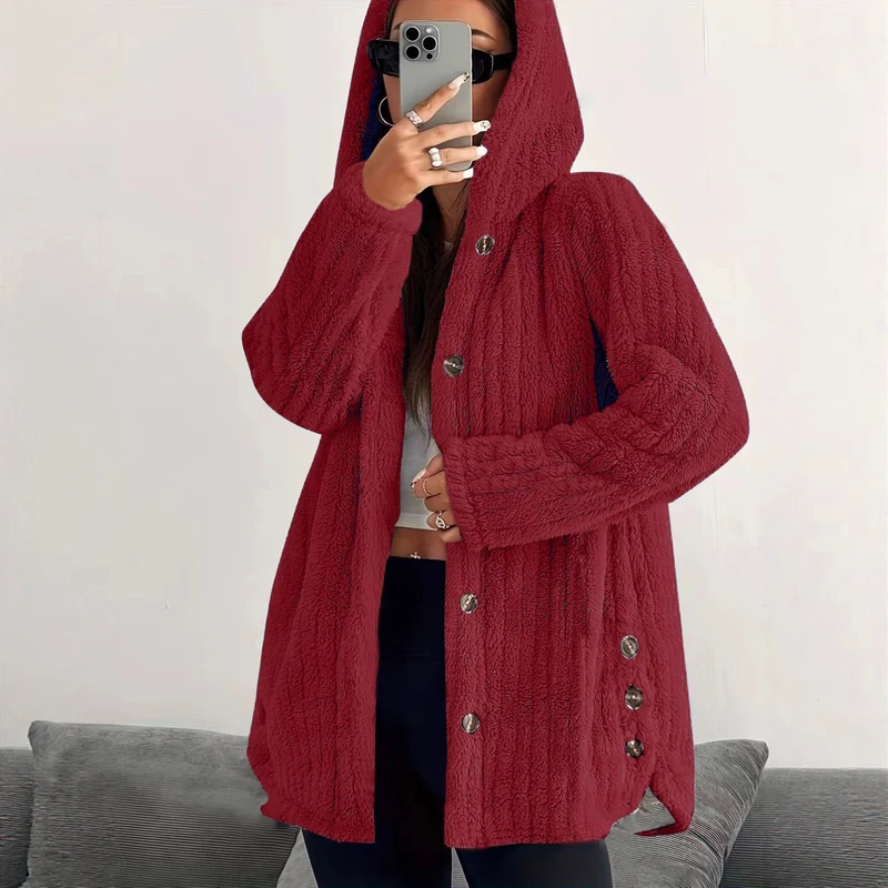 Damen Kuschelige Kapuzenjacke mit Knopfdetails Drune