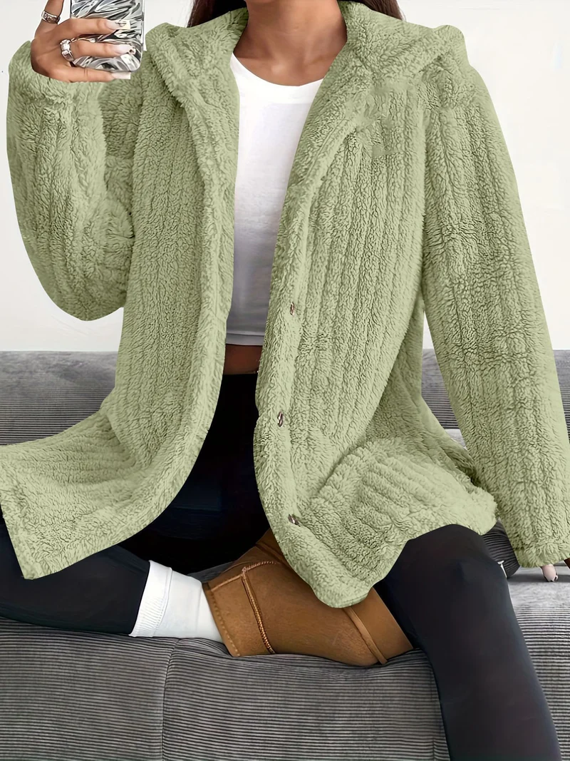 Damen Kuschelige Kapuzenjacke mit Knopfdetails Drune