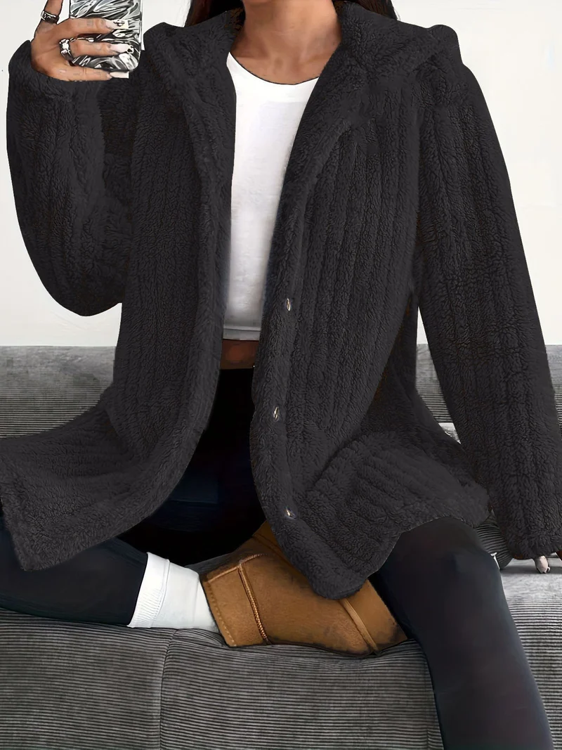 Damen Kuschelige Kapuzenjacke mit Knopfdetails Drune