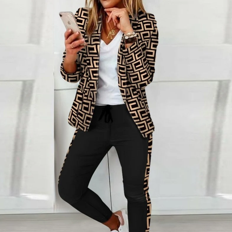 Zweiteiliges Set für Damen: Hosenanzug mit Muster, bestehend aus einem langärmeligen Blazer (offene Front, taillierter Schnitt) und einer unifarbenen langen Hose – ideal fürs Büro – DRUNE