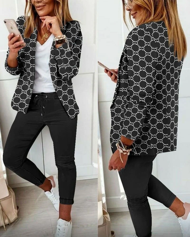 Zweiteiliges Set für Damen: Hosenanzug mit Muster, bestehend aus einem langärmeligen Blazer (offene Front, taillierter Schnitt) und einer unifarbenen langen Hose – ideal fürs Büro – DRUNE