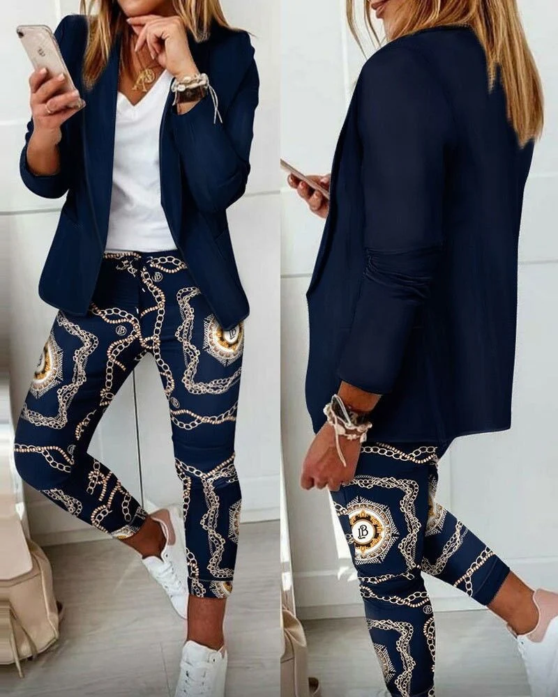 Zweiteiliges Set für Damen: Hosenanzug mit Muster, bestehend aus einem langärmeligen Blazer (offene Front, taillierter Schnitt) und einer unifarbenen langen Hose – ideal fürs Büro – DRUNE