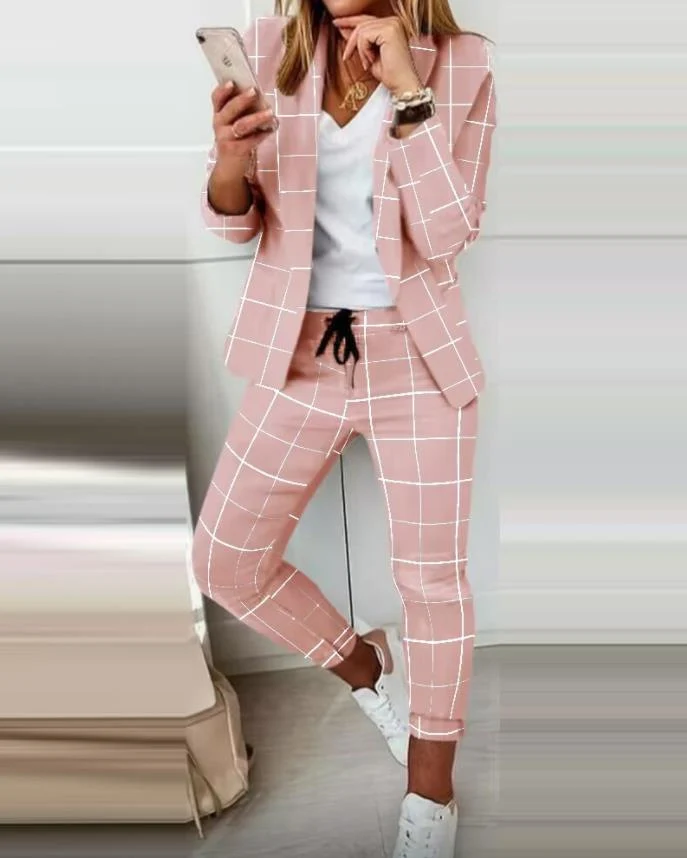 Zweiteiliges Set für Damen: Hosenanzug mit Muster, bestehend aus einem langärmeligen Blazer (offene Front, taillierter Schnitt) und einer unifarbenen langen Hose – ideal fürs Büro – DRUNE