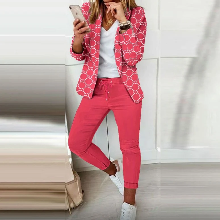 Zweiteiliges Set für Damen: Hosenanzug mit Muster, bestehend aus einem langärmeligen Blazer (offene Front, taillierter Schnitt) und einer unifarbenen langen Hose – ideal fürs Büro – DRUNE