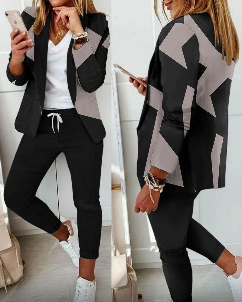Zweiteiliges Set für Damen: Hosenanzug mit Muster, bestehend aus einem langärmeligen Blazer (offene Front, taillierter Schnitt) und einer unifarbenen langen Hose – ideal fürs Büro – DRUNE
