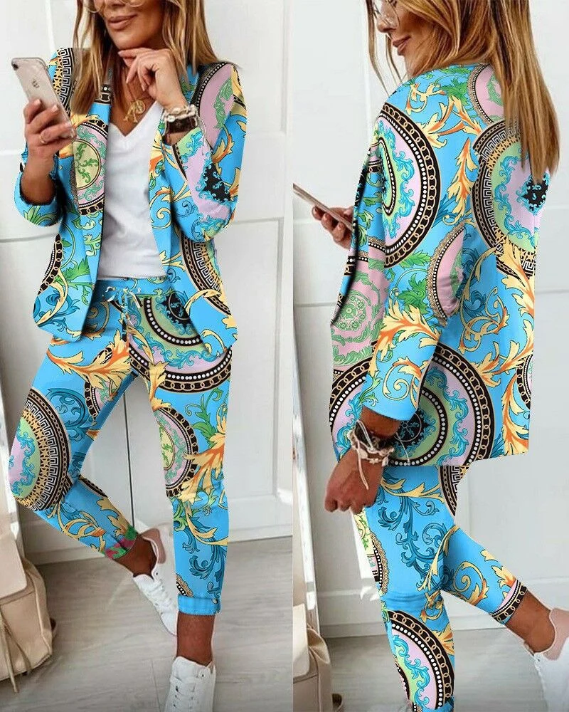 Zweiteiliges Set für Damen: Hosenanzug mit Muster, bestehend aus einem langärmeligen Blazer (offene Front, taillierter Schnitt) und einer unifarbenen langen Hose – ideal fürs Büro – DRUNE