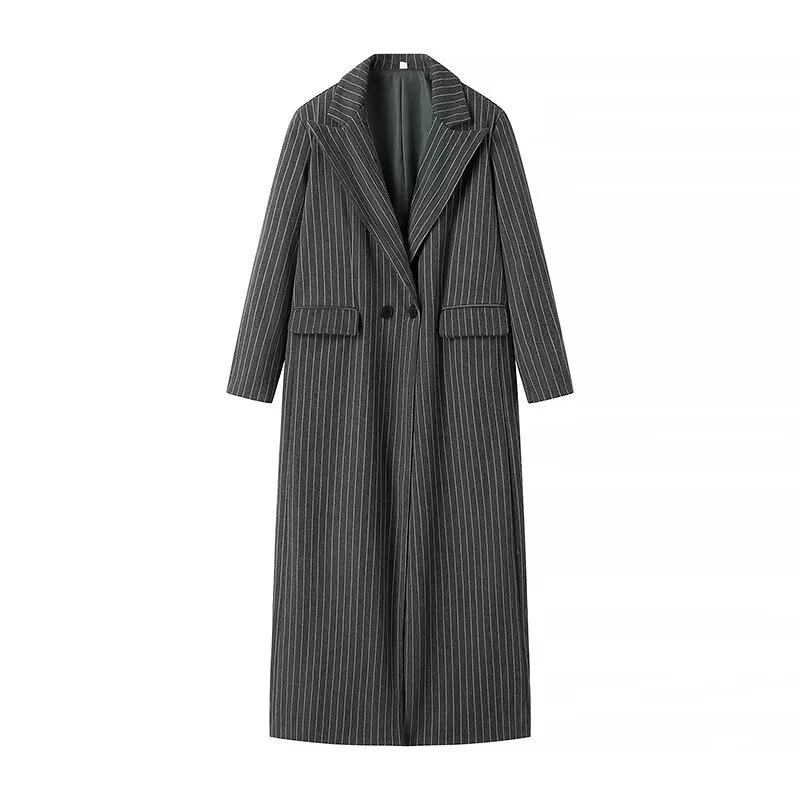 Damen eleganter gestreifter Langblazer mit doppelter Knopfleiste und seitlichen Taschen Drune