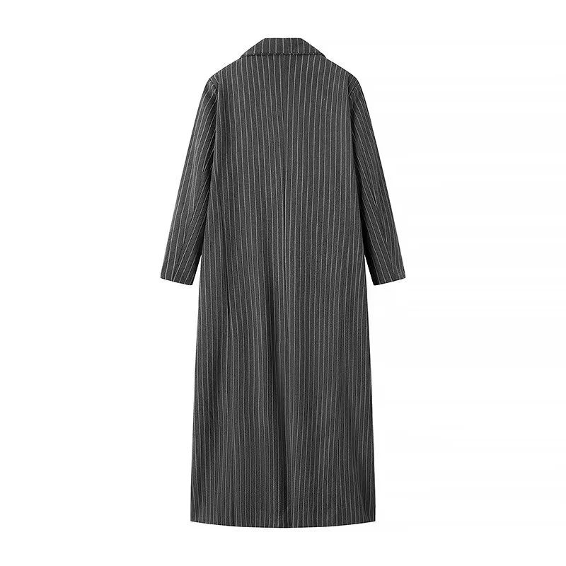 Damen eleganter gestreifter Langblazer mit doppelter Knopfleiste und seitlichen Taschen Drune
