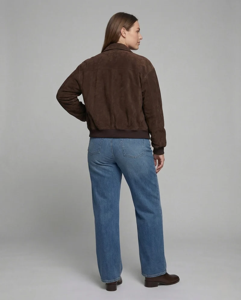Damen Veloursleder Bomberjacke Weit