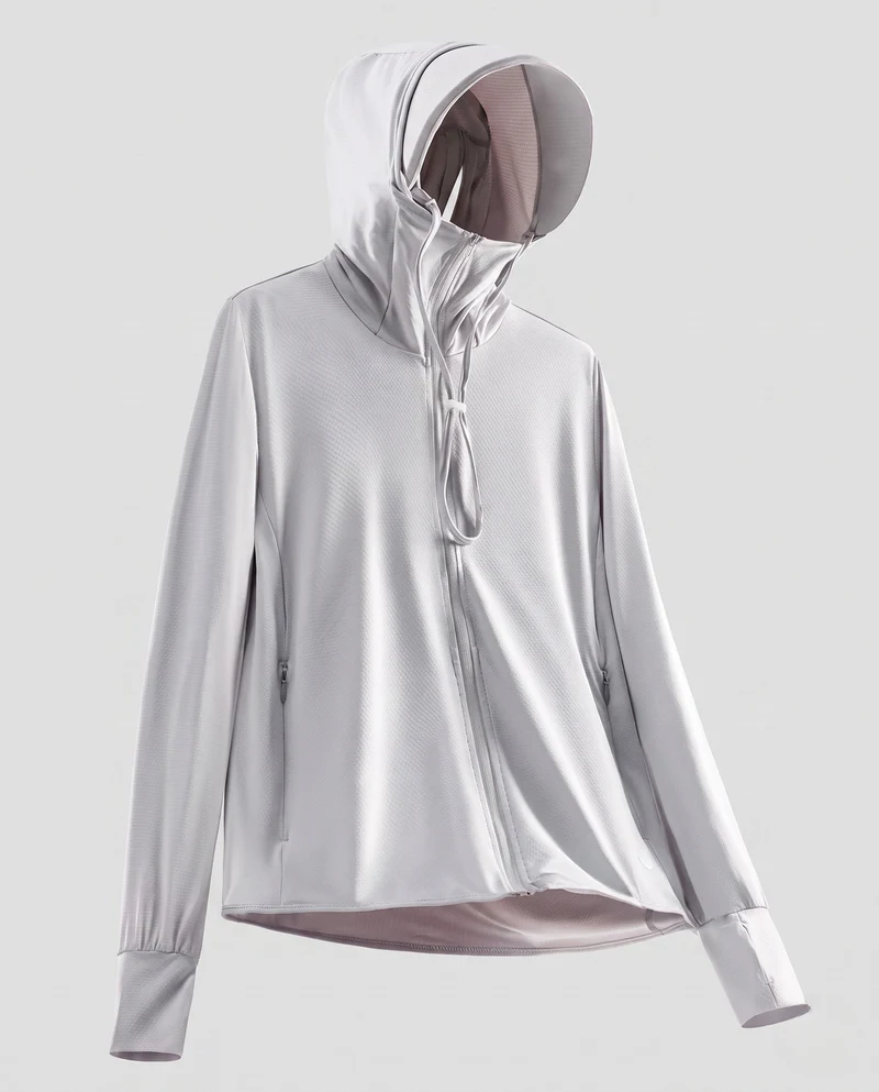 Damen nan ultraleichte UV-Schutz Kapuzenjacke mit Sonnenschirm und atmungsaktivem Mesh Drune