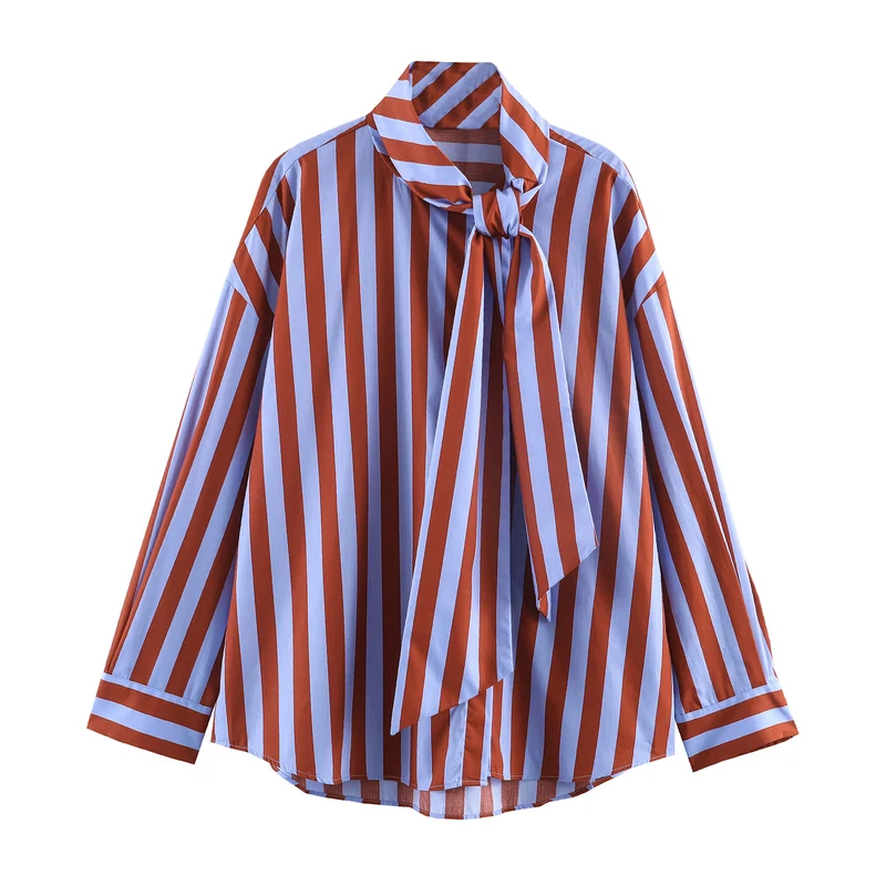 Damen nan gestreifte Bluse mit Schleifenkragen, oversized Schnitt und Manschetten Drune