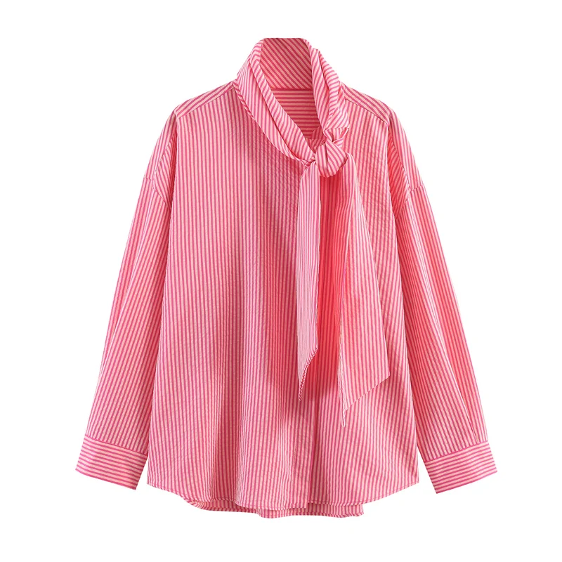 Damen nan gestreifte Bluse mit Schleifenkragen, oversized Schnitt und Manschetten Drune