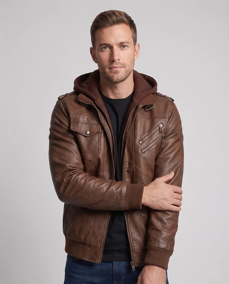 Männer Stylische Kunstlederjacke mit Abnehmbarer Kapuze Drune