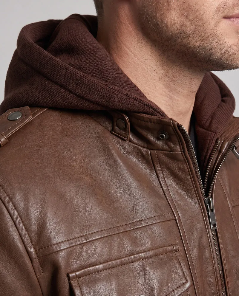 Männer Stylische Kunstlederjacke mit Abnehmbarer Kapuze Drune