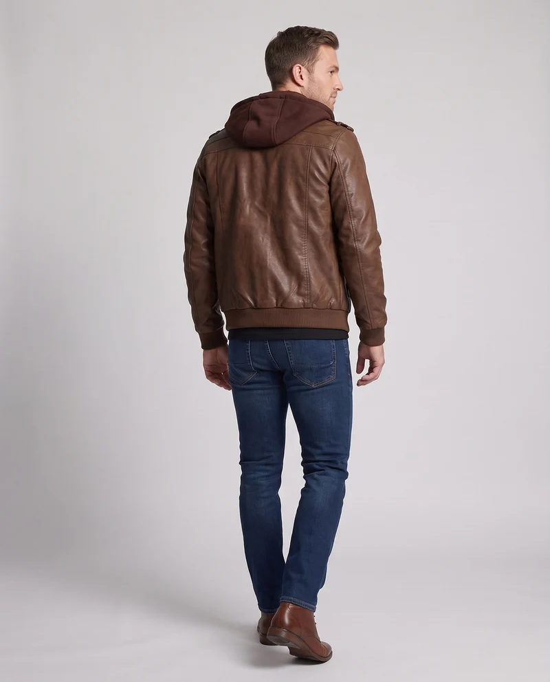 Männer Stylische Kunstlederjacke mit Abnehmbarer Kapuze Drune