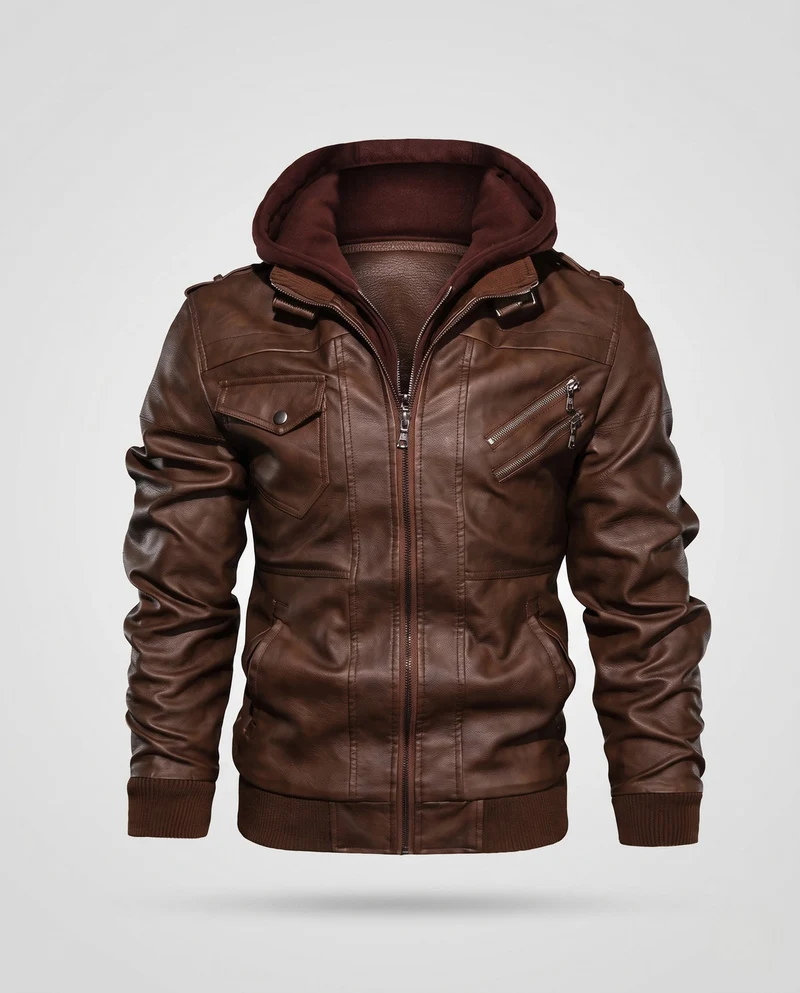 Männer Stylische Kunstlederjacke mit Abnehmbarer Kapuze Drune
