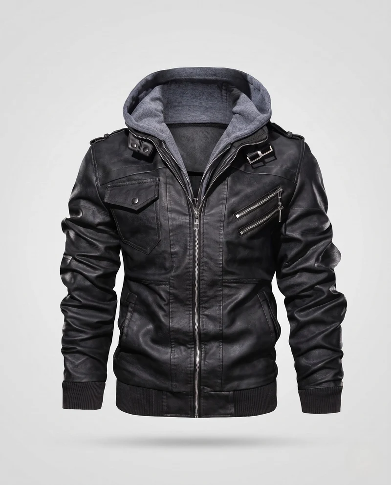 Männer Stylische Kunstlederjacke mit Abnehmbarer Kapuze Drune