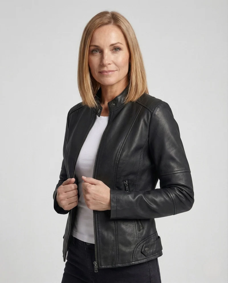 Damen Kunstlederjacke mit Reißverschlusstaschen Slim Jacket