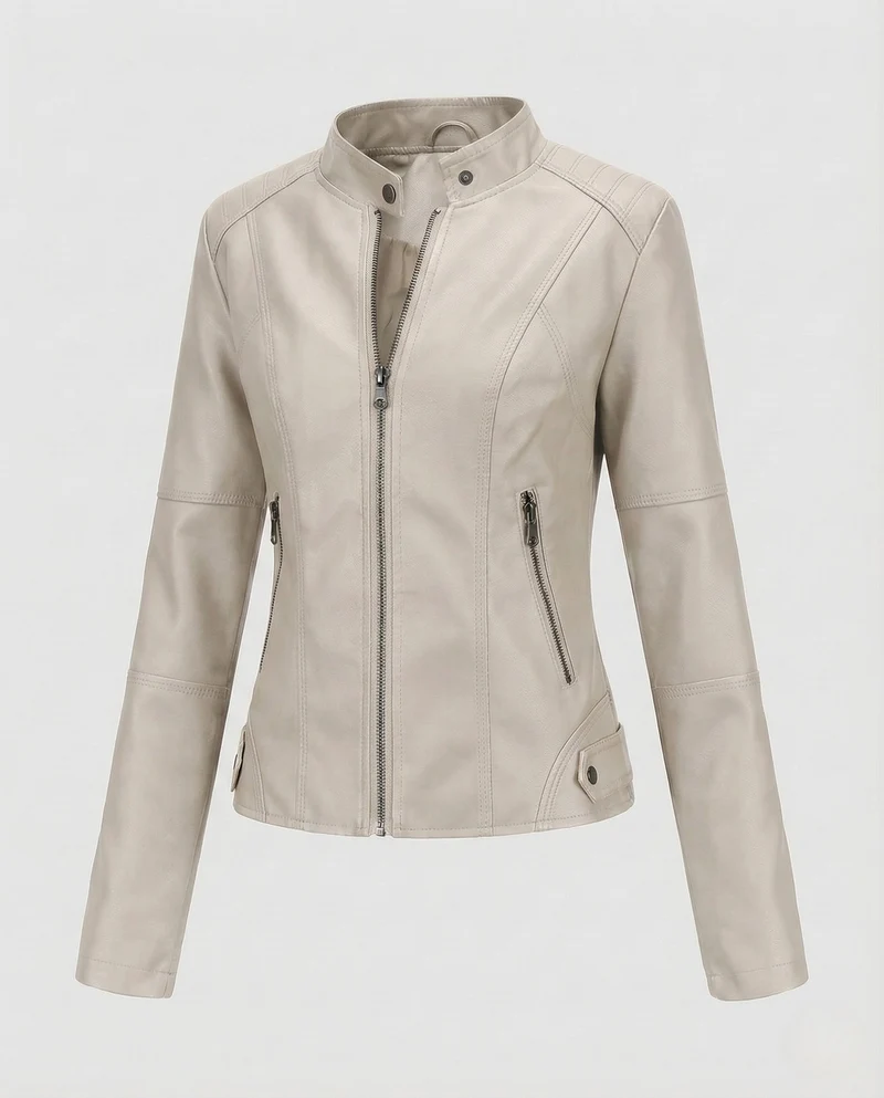 Damen Kunstlederjacke mit Reißverschlusstaschen Slim Jacket