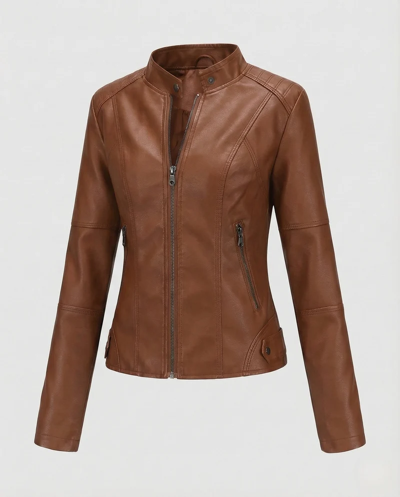 Damen Kunstlederjacke mit Reißverschlusstaschen Slim Jacket