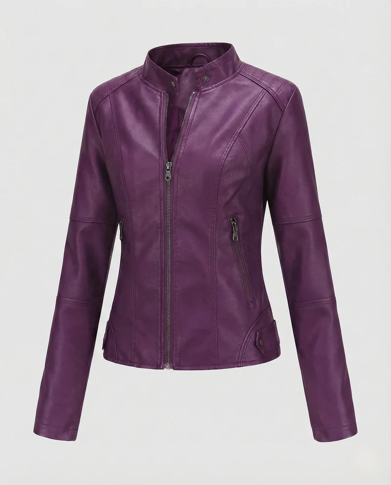 Damen Kunstlederjacke mit Reißverschlusstaschen Slim Jacket