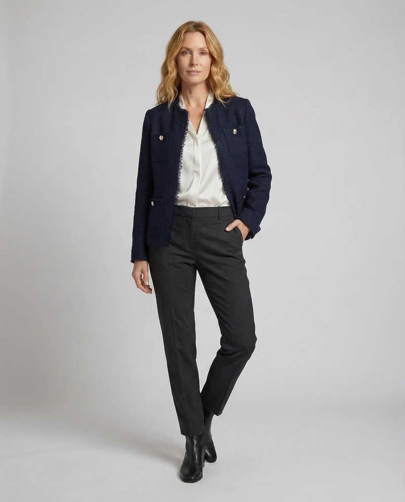 Damen Kragenlose Boucle Jacke mit Fransenbesatz