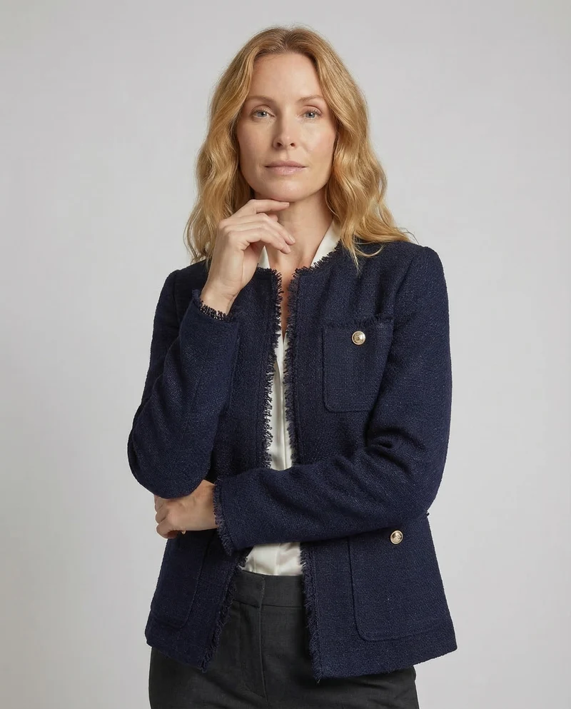 Damen Kragenlose Boucle Jacke mit Fransenbesatz