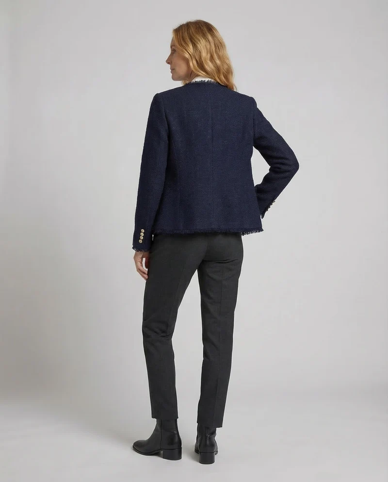 Damen Kragenlose Boucle Jacke mit Fransenbesatz