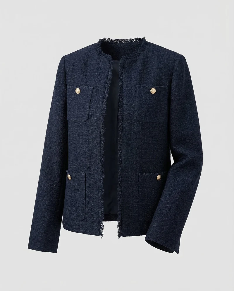 Damen Kragenlose Boucle Jacke mit Fransenbesatz