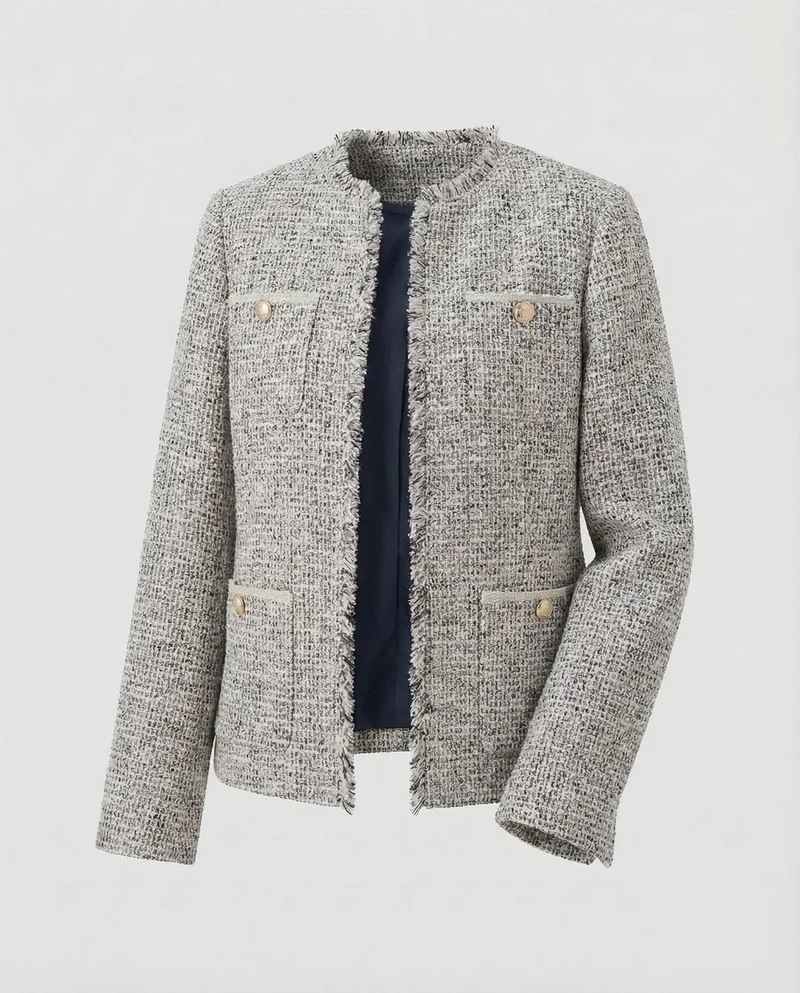 Damen Kragenlose Boucle Jacke mit Fransenbesatz