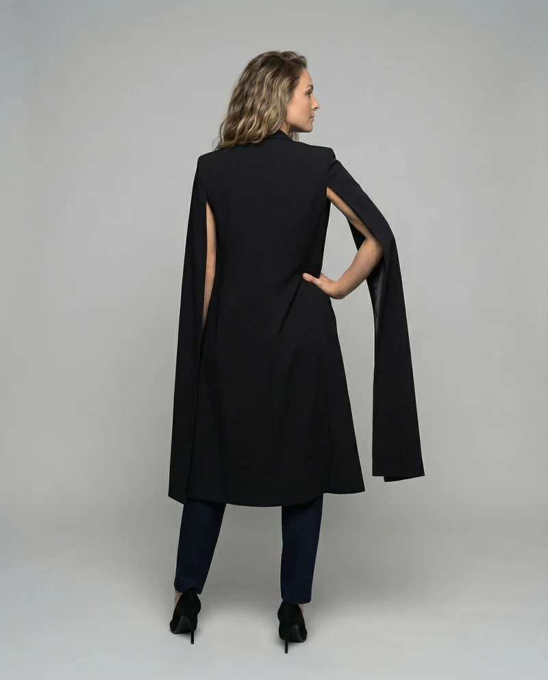 Damen lange Capejacke mit offener Vorderseite und taillierter Passform Drune