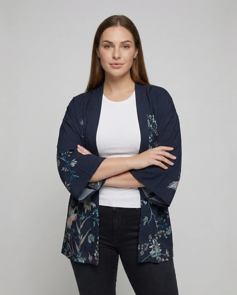 Damen nan leichte Kimono-Jacke mit floralem Allover-Druck, offener Vorderseite und weitem 3/4-Ärmel Drune
