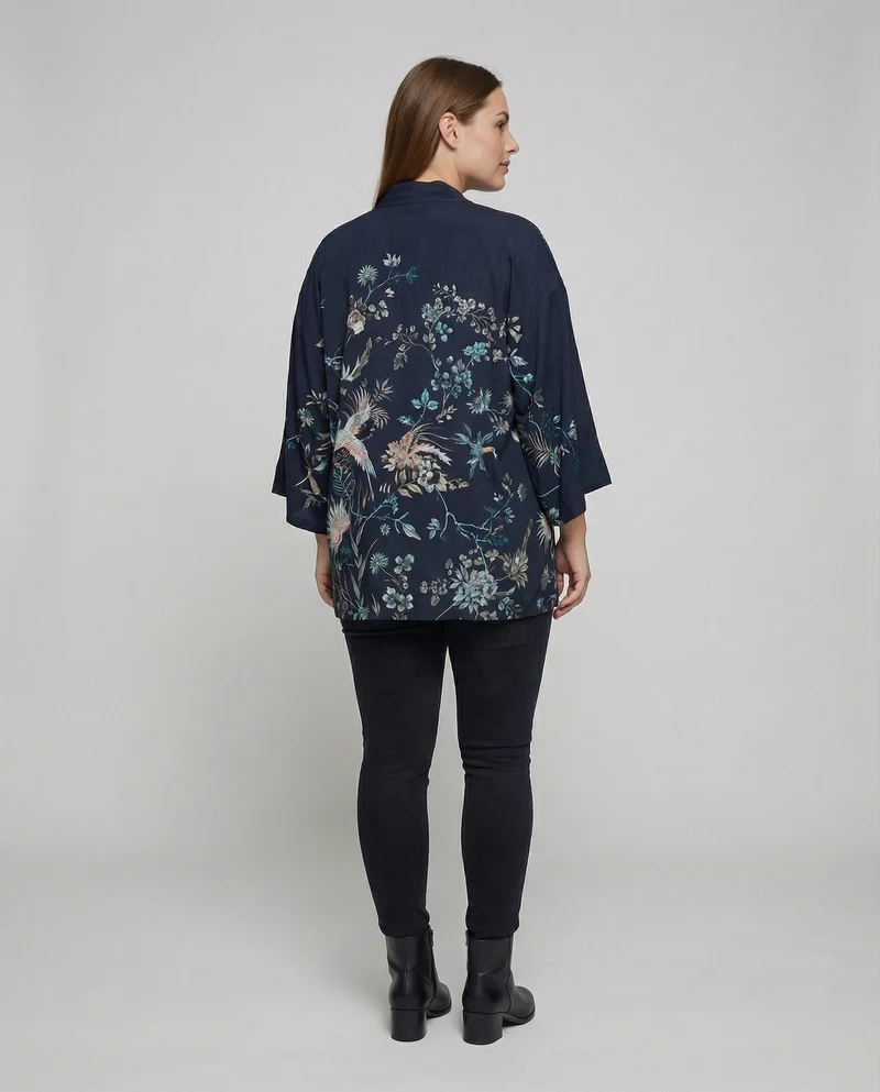 Damen nan leichte Kimono-Jacke mit floralem Allover-Druck, offener Vorderseite und weitem 3/4-Ärmel Drune