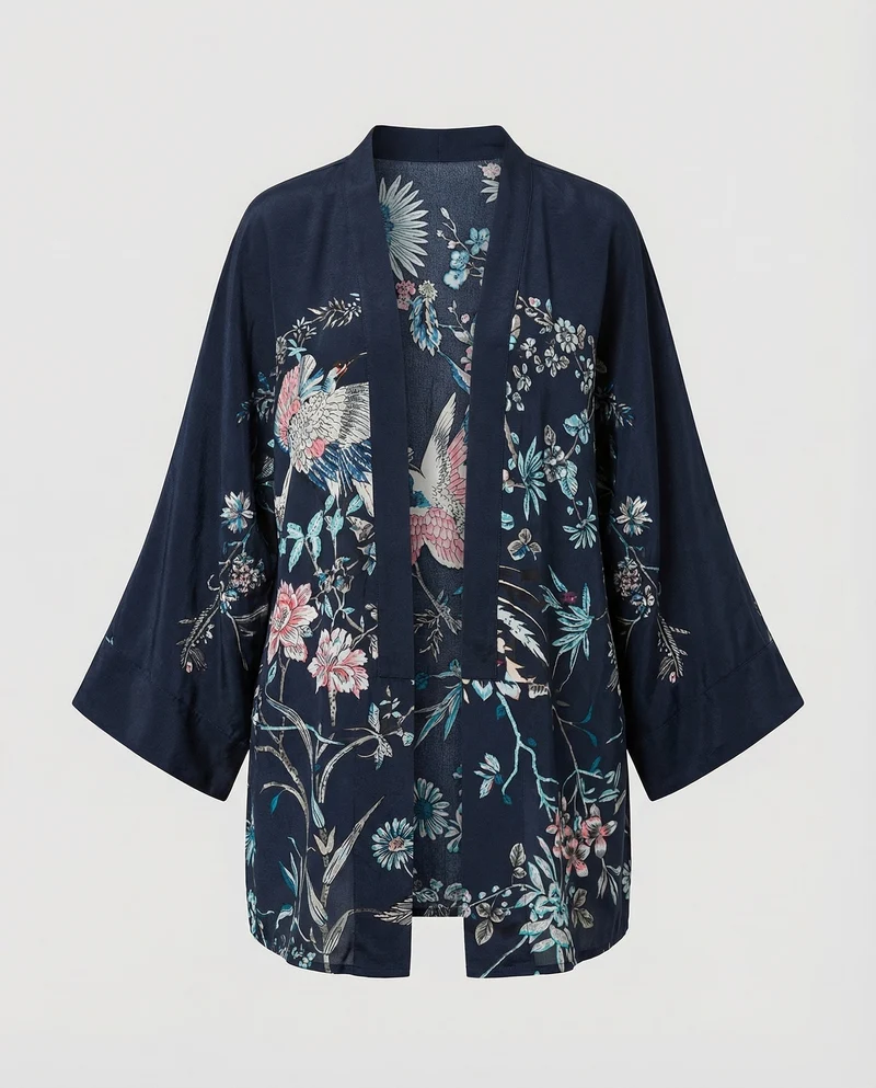 Damen nan leichte Kimono-Jacke mit floralem Allover-Druck, offener Vorderseite und weitem 3/4-Ärmel Drune
