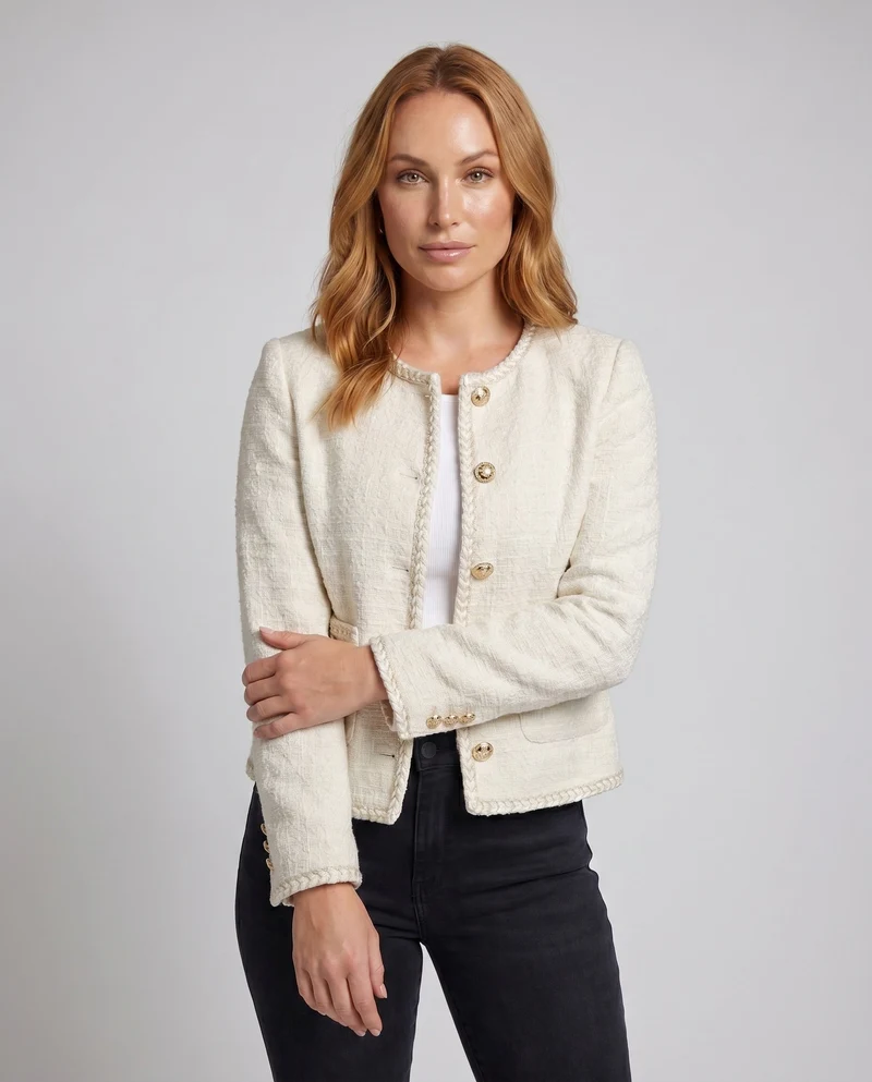 Damen Elegante Boucle-Jacke mit goldenen Knöpfen und dekorativen Taschen