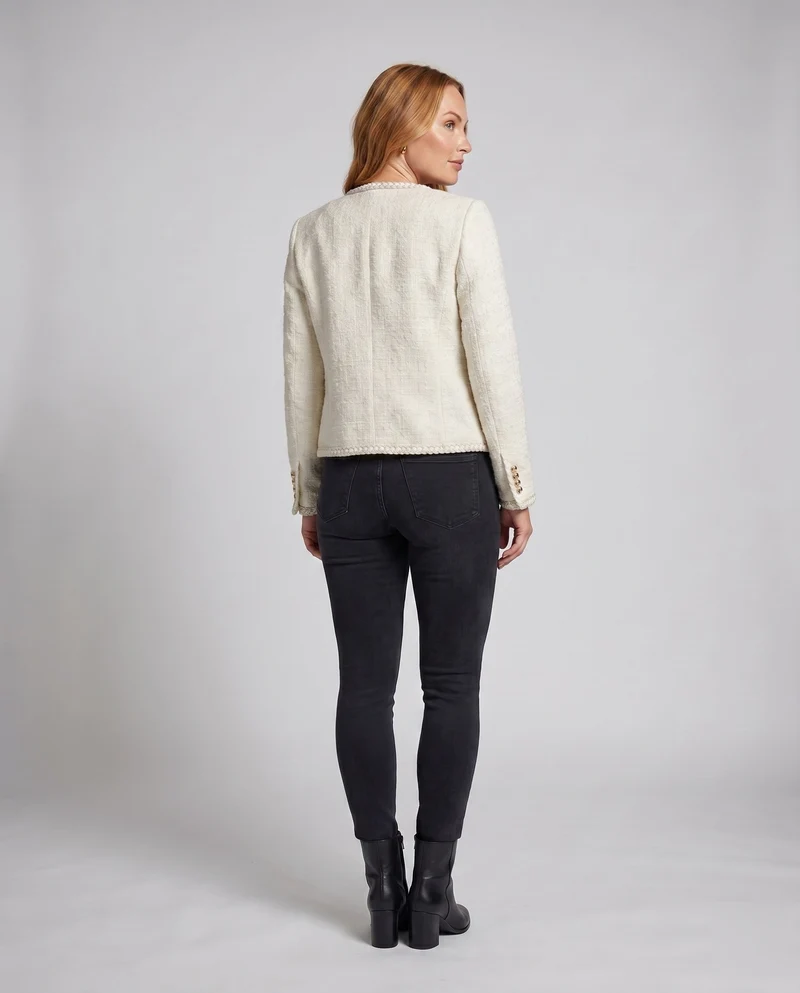 Damen Elegante Boucle-Jacke mit goldenen Knöpfen und dekorativen Taschen