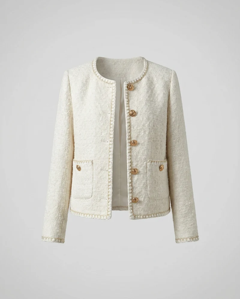 Damen Elegante Boucle-Jacke mit goldenen Knöpfen und dekorativen Taschen