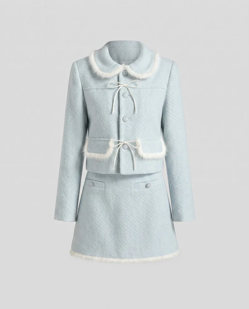 Damen Elegante Boucle-Jacke mit Klassischem Kragen und Dekorativem Schal